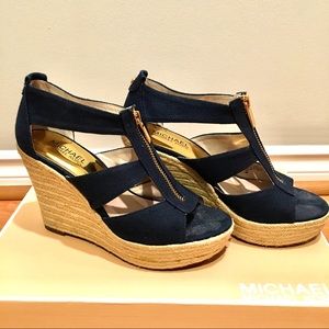 Michael Kors Navy Damita Fabric Wedge Sandals
